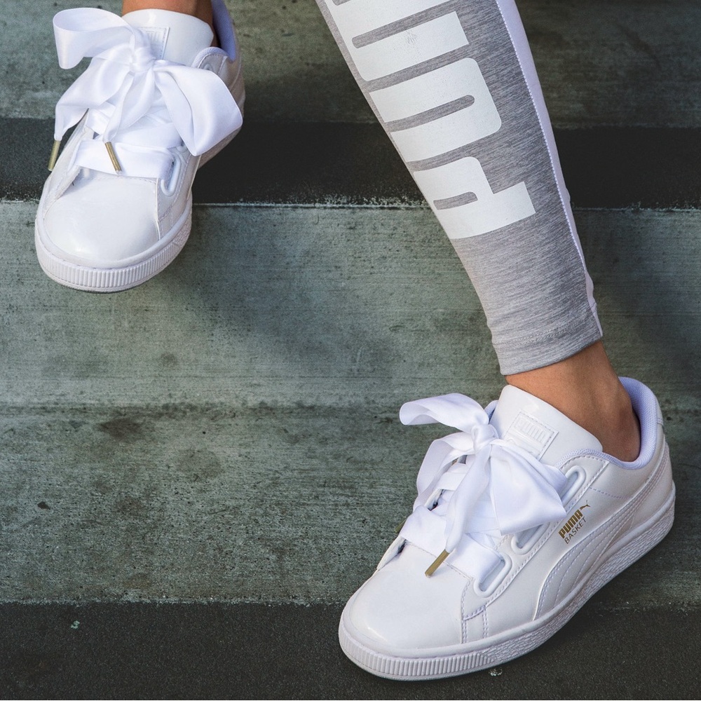 New in Box Puma Basket Heart Patent White Sneakers Shoes 7 37 Ribbon ties